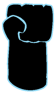 A black clenched fist with a light blue outline.